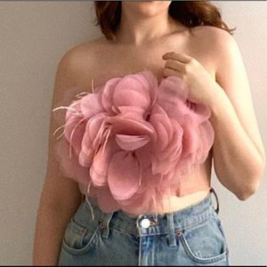 Par Violet Floral Tribute bustier, pink petals, feathers & mesh